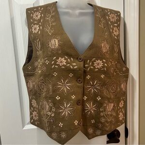 Vintage JRT James River Traders Brown Button Front Vest Wool Large Embroidered